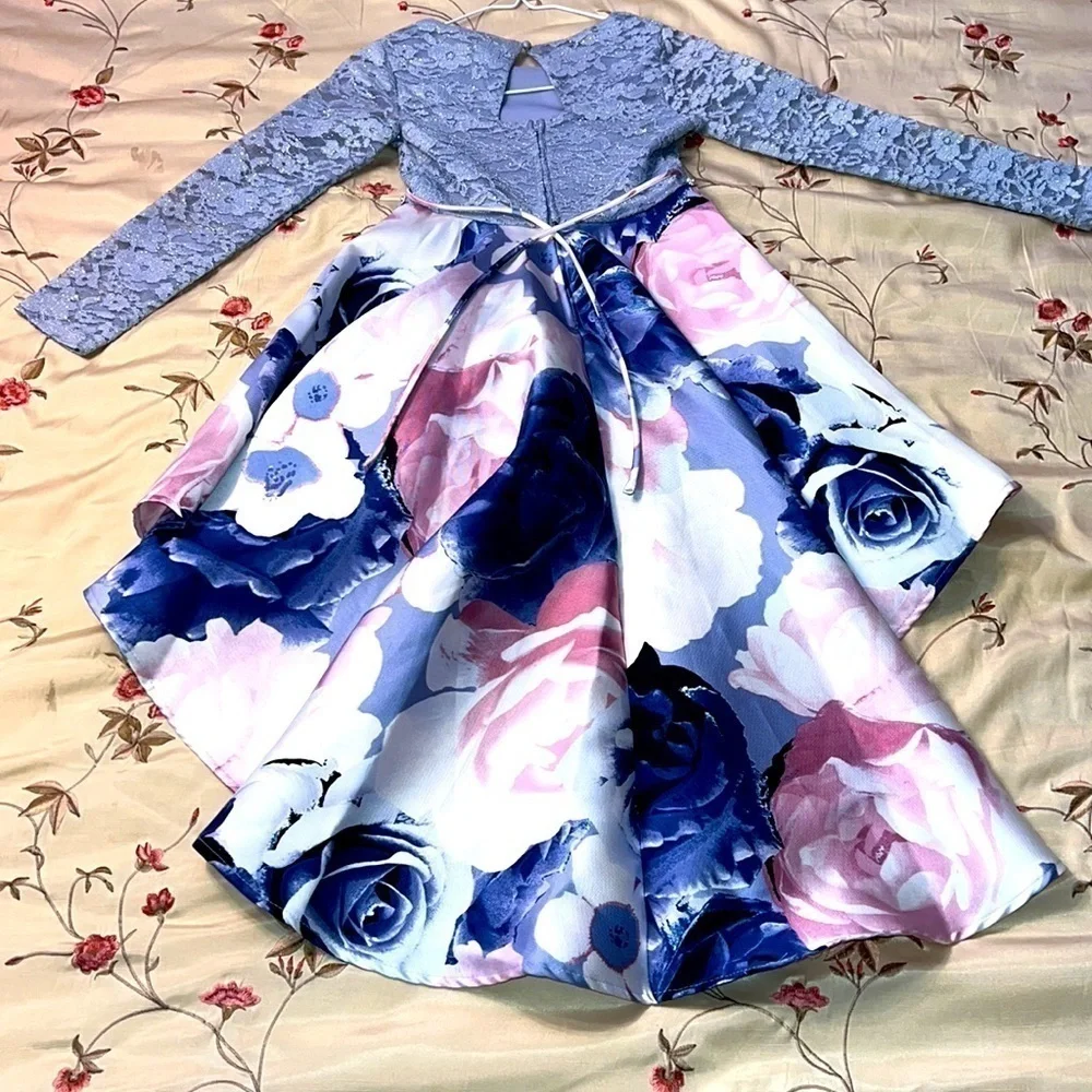 Long Sleeve Fit & Flare Girls Hi-Lo Dress Lacey Blue Glitter si…